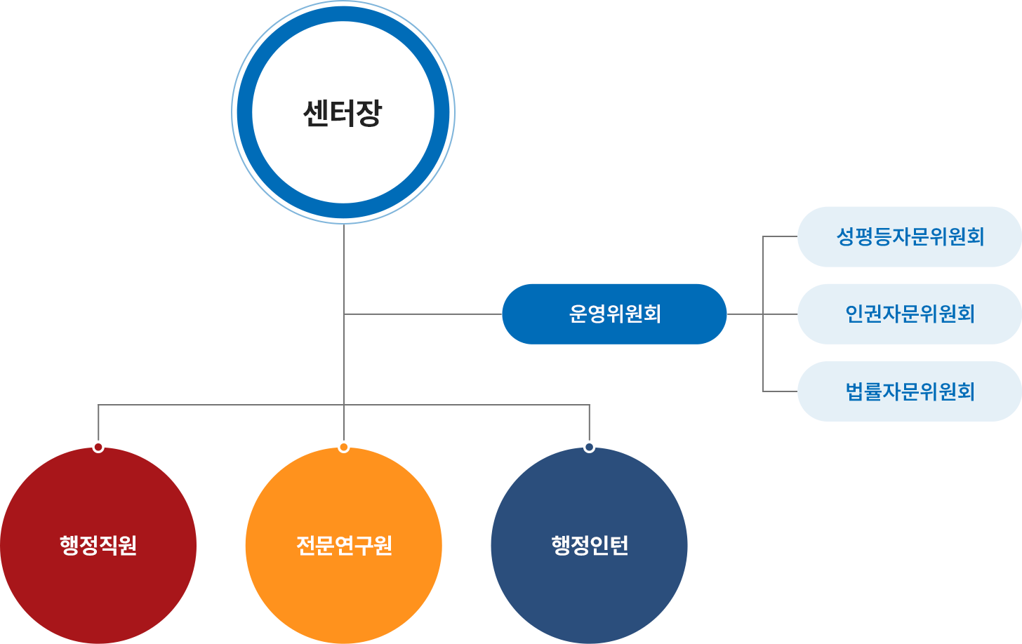 인권센터는 센터장을 중심으로 구성된 조직으로, 센터장과 함께 센터 운영을 지원하고 전략적 방향을 결정하는 운영위원회가 존재합니다. 운영위원회는 성평등 자문위원회, 인권 자문위원회, 법률 자문위원회로 구성되어 있으며, 각 위원회는 다양한 전문성을 바탕으로 인권센터의 운영과 관리에 대한 책임을 갖고 센터의 효율성과 투명성을 유지하며, 다양한 인권문제에 대한 정확한 정보와 전문 지식을 활용하여 대학 내 인권 보호와 증진에 기여하고 있습니다. 
 또한, 전문연구원은 인권센터에 접수된 상담 및 사건처리를 비롯하여, 인권 관련 교육 및 실태조사, 문화행사 등 다양한 프로젝트를 주도적으로 이끌어나갑니다. 행정직원과 행정인턴은 인권센터의 예산 및 자원관리, 인권 교육 및 홍보 및 회의와 행사일정 관리 등의 중요한 행정적 지원을 제공하여, 센터의 원활한 운영을 돕고 있습니다.  
인권센터는 이러한 다양한 구성원들이 협력하여 보다 포괄적이고 효과적인 인권 보호 및 홍보 활동을 이행하고 있습니다.